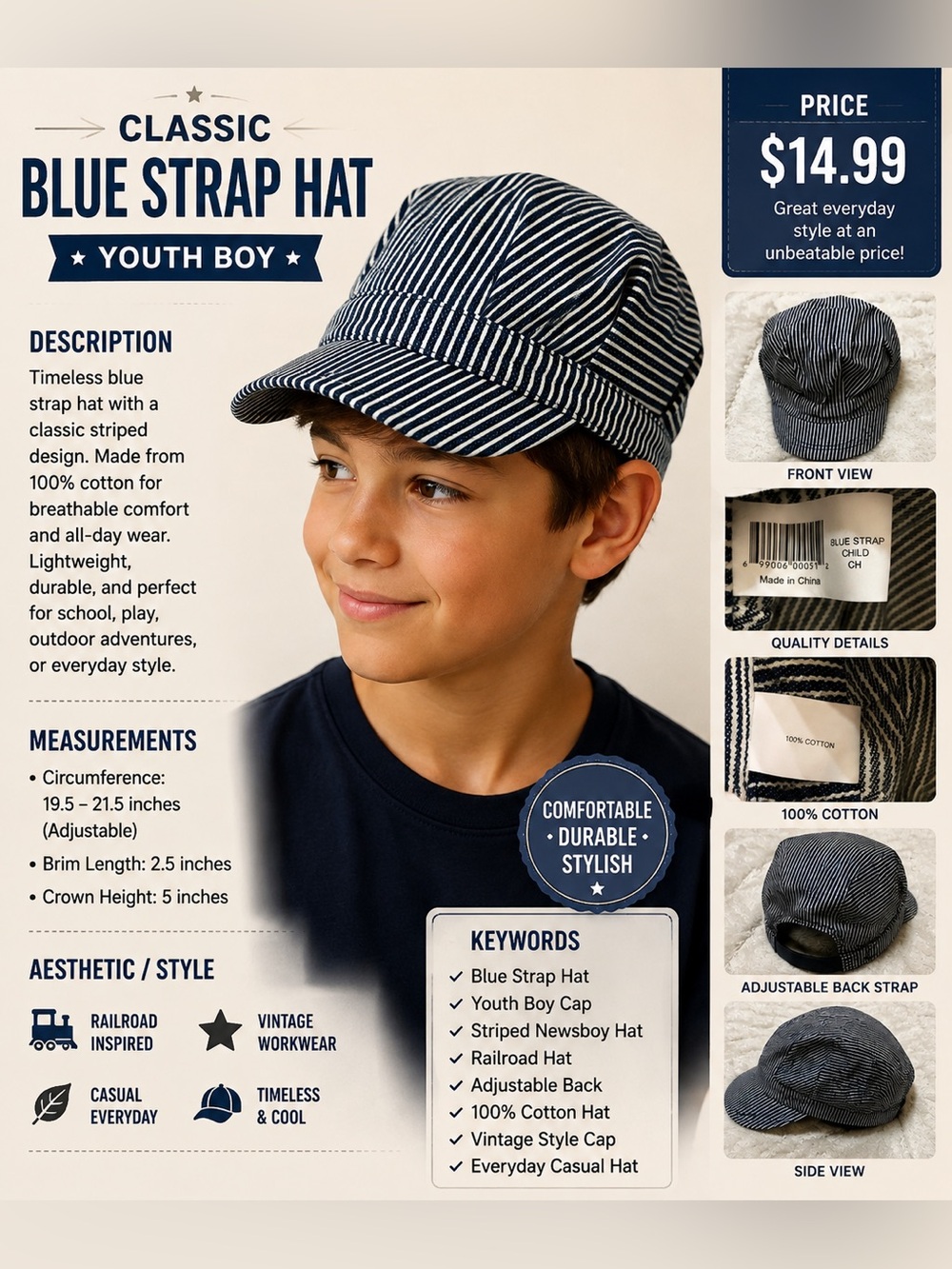Striped Cotton Baker Boy Cap - Navy and White